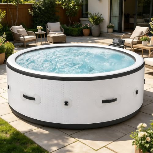BANGBANGJI SPA Hidromasaje, 4-6 Personas para Jardín, Redondo 206x71cm, Calentamiento Rápido 104°F, con 150 Chorros de Aire Relajantes para Patio Jardín y Exteriores