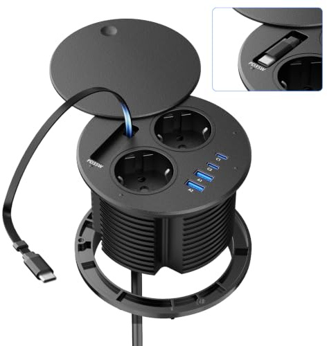 Alpheus Multiprise Encastrable avec Câble USB-C Rétractable PD 35W, Noir | Prise Encastrable Plan de Travail, 2 USB-C, 2 USB-A, 1,8M Câble, Bloc Prise Escamotable avec Couvercle, Découpe Ø100 mm