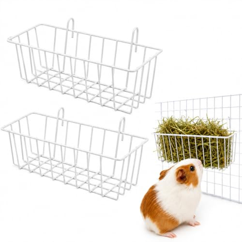 2PCS Rabbit Hay Feeder, Metal Hanging Hay Rack for Guinea Pig | White Food Supply Storage Rack, Grass Holder for Chinchilla Bunny Hamster Small Animal (23×10×7.5CM)