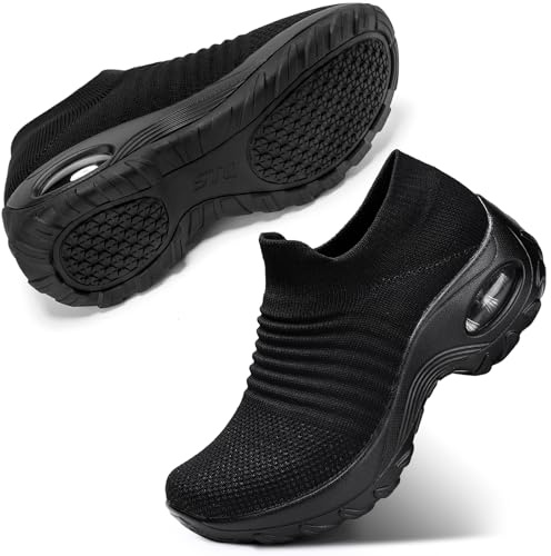 STQ Womens Slip on Walking Shoes Breathable Non Slip Work Shoes Comfortable Orthopedic Sneakers with Arch Support All Black 9.5