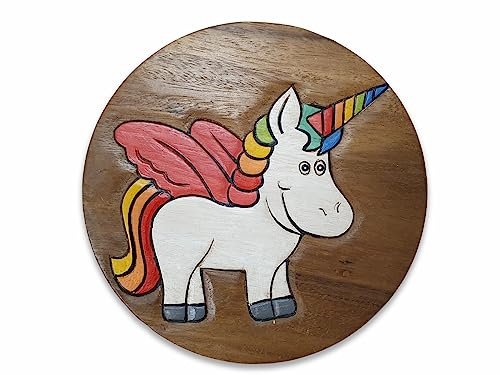 Kinaree Handgefertigter Kinder Hocker mit bunten Motiven - Massivholz Stuhl doppelt verstrebt (Einhorn)