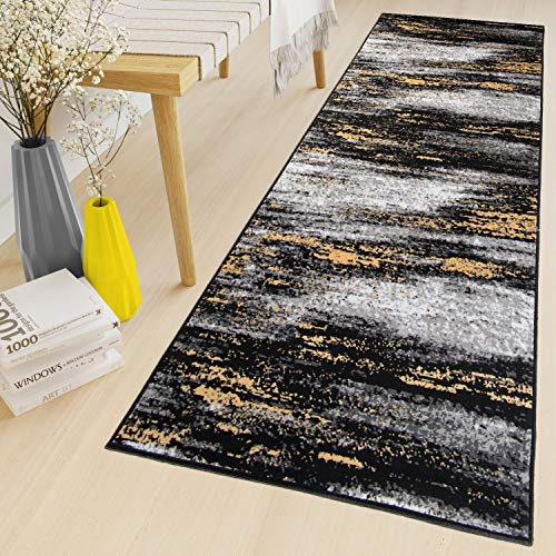 TAPISO Maya Teppich Läufer Meterware Kurzflor Wohnzimmer Flur Küche Modern Brücke Grau Gelb Schwarz Verwischt Meliert Design ÖKOTEX 80 x 200 cm