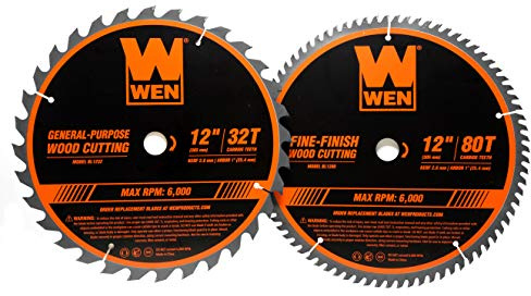 WEN BL1232-2 12-Inch 32-Tooth and 80-Tooth Carbide-Tipped Professional Woodworking Saw Blade Set, Two Pack