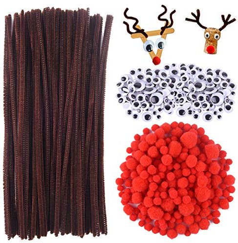 TUPARKA 650-teiliges Weihnachts Rentier Bastelset, Pfeifenputzer Braun, Wackelaugen Selbstklebend, Rote Pompons zum Basteln, für Weihnachtsgeschenke