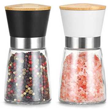 VUCCHINI Manual Salt and Pepper Grinder Set Bamboo Lid - Adjustable Coarse Salt and Pepper Mills - Refillable Ceramic Burr Kitchen Gift Salt Pepper Shakers Black&White