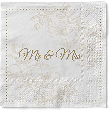 Sovie HORECA Serviette Mr & Mrs (Blume) |aus 3-lagigem Tissue, 33 x 33 cm, 100 Stück - elegante Hochzeitsservietten mit goldfarbener Schrift und Blütendesign