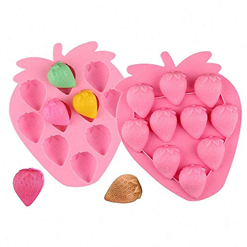 PinPon Lot de 2 bacs à glaçons en forme de fraise, moules en silicone pour chocolat, bonbons, gâteau, cupcake, savon, gelée, biscuits, cire (couleur aléatoire)