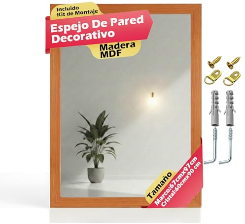CHELY INTERMARKET MOD128 Espejo Pared Vertical Decorativo Grande Estilo Moderno Marco Madera Cuerpo Entero Elegante 60x90 cm Cerezo Ideal Recibidor Dormitorio Baño Incluye Kit Montaje