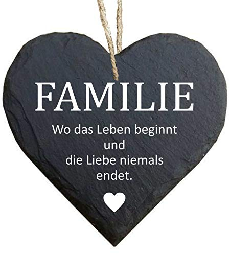 Homeyourself Herz Schieferherz Schiefer Schieferschild 10 x 10 cm Familie Wo das Leben beginnt und die Liebe Niemals endet schwarz Dekoschild Wandschild Schild Stein Zuhause