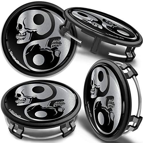 SkinoEu Kompatibel mit Nabendeckel Mercedes Benz 75mm Felgendeckel Nabenkappen Radnabendeckel Nabendeckung Radkappen B66470207 / B66470200 Alufelgen Deckel Schädel Yin Yang Silber CMZ 4
