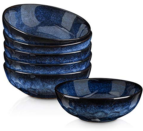 vicrays Rice Dessert Cereal Bowls 6 Piece Stoneware Vintage Look Ceramic Starry Blue Large Serving Bowl, Soup/Mixing/Fruit/Noodle/Ramen China Bowl, Capacity of 940 ml. (18x18x6.3 cm)