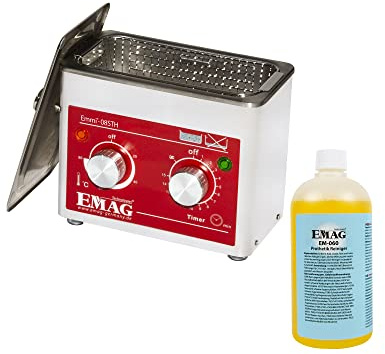 EMAG Ultraschallreiniger Emmi 08STH Prothetik-Set I Für Dentalprodukte wie Prothesen, Spangen uvm I Ultraschallreinigungsgerät aus Deutschland I 600ml