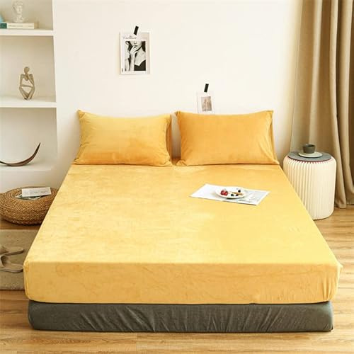 Damier Winter Spannbettlaken 90x200cm Gelb Gold Flanell Plüsch Spannbetttuch Flauschig und Warmes Bettlaken geeignet für Matratzen bis 30cm
