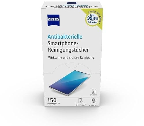 ZEISS antibakterielle Smartphone-Reinigungstücher 150 Stück - schnell trocknende Rezeptur - entfernt Bakterien, Fingerabdrücke, Schmutz, Staub & Fett - jedes Tuch einzeln verpackt