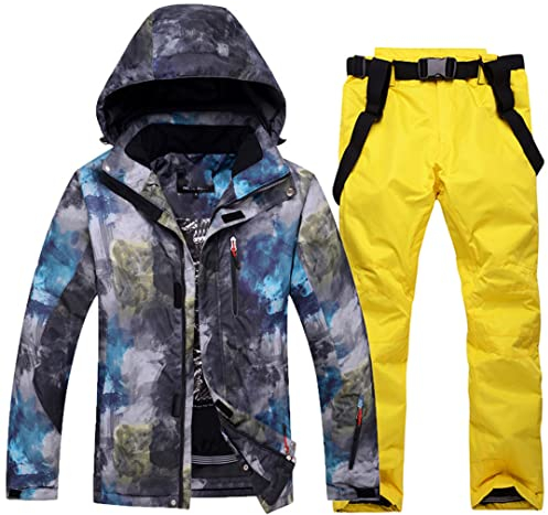 Snowboardjacke + Jeanshose Herren Skianzug Parka Outdoor Thermo Skijacke und Jeans Skihose Gelb L