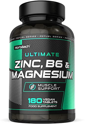 Zinc, Magnesium with Vitamin B6 Tablets | 100% NRV High Strength Muscle Support Supplement | 3-in-1 Complex | 180 Vegan Tablets | Sport Series by Horbaach