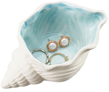 NBEADS Conch Shape Ceramic Jewelry Tray, Aqua Shell Trinket Dish Ceramic Ring Earring Holder Ocean-themed Decorative Trinket Plate for Rings Earrings Necklaces Bracelet Jewelry Watch Keys