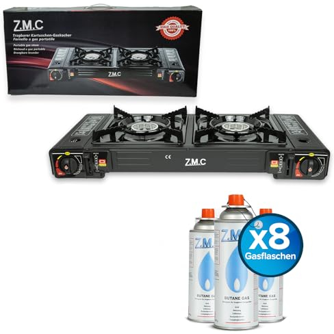 ZMC Réchaud à gaz de camping à 2 feux avec 8 cartouches de gaz de 227 g, 2,5 kW avec adaptateur pour raccordement GPL + mallette de rangement Kit réchaud de camping avec allumage piézoélectrique, pour
