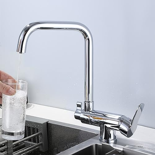 XJTNLB Rubinetto a Tre Vie Cucina Pieghevole, Miscelatore 3 Vie Abbattibile Sottofinestra Ottone Rubinetto Girevole Rubinetto 3 Vie per Depuratore, Cromo