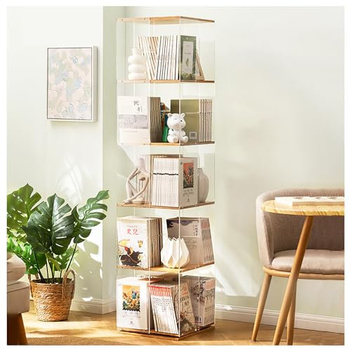 Atkits 360° Drehbares Bücherregal, 5 Etagen, Bambus und Acryl, Modern, Turm-Regal, Bücherregal