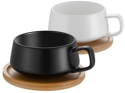 TELANKS Set of 2 Cappuccino Cups with Saucer, 300 ml Coffee Cups, Espresso Cups Made of Stoneware for Tea, Coffee, Cappuccino, Coffee Mug with Wooden Disc, Black and White