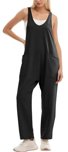 Litthing Salopette Donna A Gamba Larga Tuta Con Tasca Vestibilità Ampia Estiva Ed Elegante Jumpsuit Casual Nera Senza Maniche in Cotone