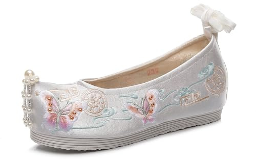 Chaussures À Fleurs Brodées Hanfu Pour Dames, Chaussures Traditionnelles Chinoises Avec Décoration De Perles Légères Et Décontractées Chaussures Augmentant La Hauteur Intérieure(Color:White,Size:40 EU