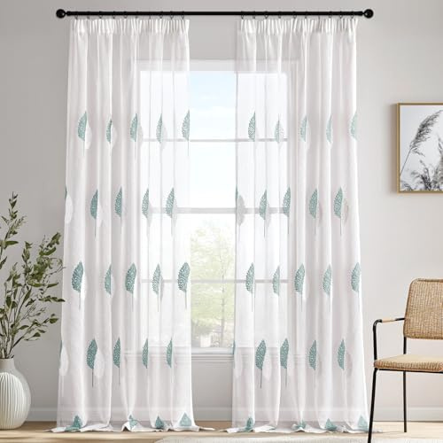 MIULEE Gardine Stickerei Blattmuster 2er Set B140 H245 Türkis-Weiß