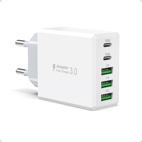 50W USB C Caricatore, Gcstnn 5Porto Rapido Multipla 2USB C & 3USB A Caricabatterie, Spina TipoC per iPhone 15 Pro Max/14/13/12/11 Plus, iPad Pro Air, Samsung S24/S23 Ultra, Alimentatore Presa
