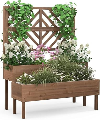 Nightcore Outdoor Elevated Garden Bed with Trellis，Raised Garden Bed with Legs & Drain Holes，2-Tier Wooden Planter Box for Vegetable Fruit Herb