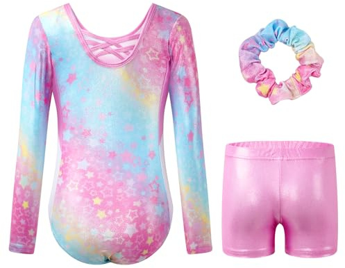 JiAmy Leotardos de gimnasia para niñas con espalda cruzada, manga larga, pantalones cortos de baile brillante, traje de ballet para niñas de 3 a 12 años, Color estrella, 6-7 años