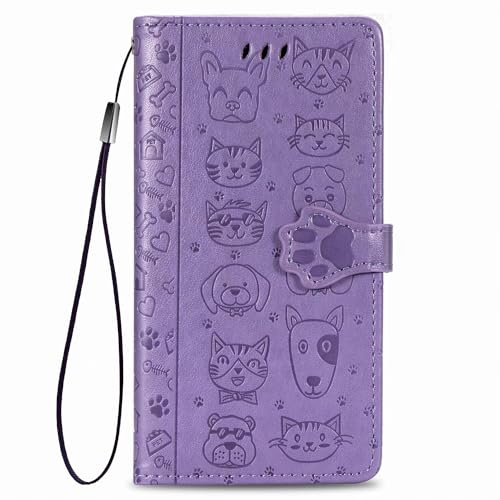 Handyhülle für TCL 505 Hülle Katze Hund Premium Leder PU Flip Case Magnetisch Kartensteckplätzen Klapphülle Wallet Lederhülle Bumper Schutzhülle für TCL 505 Tasche lila
