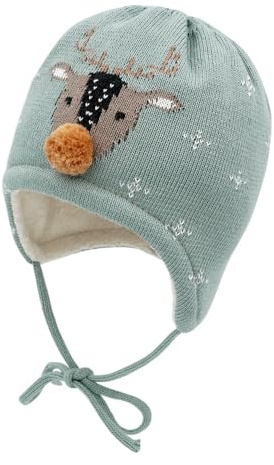 maximo GOTS Baby-Mütze, ausgenäht Rentier-Jacquard, Teddyfutter, Minipompon