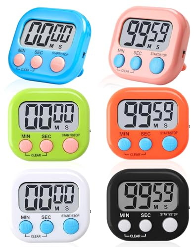 6 Pack Kitchen Timer Digital Magnetic Digital Kitchen Timer Loud Alarm | Big Digits Stopwatch Countdown Timer for Children Teachers Classroom Homework Cooking Baking Sports Games