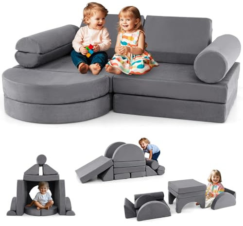 COSTWAY 14 teiliges modulares Kindersofa, Spielsofa aus Schaumstoff, Bausteine-Sofa zum Klettern & Krabbeln, Kinderspielcouch ausklappbar für Kinderzimmer, Spielzimmer (Grau)