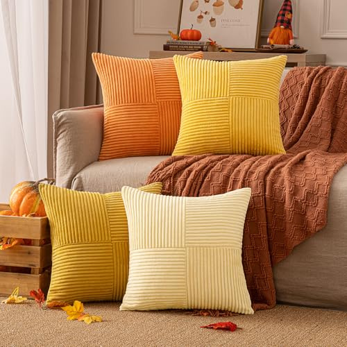 EMEMA Kissenbezug Kordsamt Herbst Kissenhülle 45x45 Orange Serie | 4er Set Zierkissenbezug Dekokissen Sofakissen Kord Dekorative Kissen für Sofa Sessel Zuhause Schlafzimmer