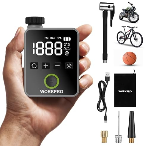 WORKPRO Cordless Mini Tyre Inflator, Portable Rechargeable Electric Bike Pump 140 PSI, Tyre Accessories for Motorbike and Ball with LED Display and Lights