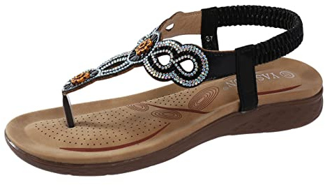 Women's Elegant Rhinestones Flower Bohemian Summer Flat Sandals with Elastic Ankle T-Strap Ladies Fashion Boho Flip Flops Holiday Open Toe Beach Shoes