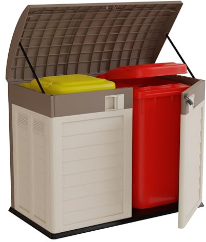 INTEC - Range Poubelle 1500L - Abri Poubelle de Tri Polypropylène Ecru Taupe - Coffre de jardin Verrouillable par Cadenas