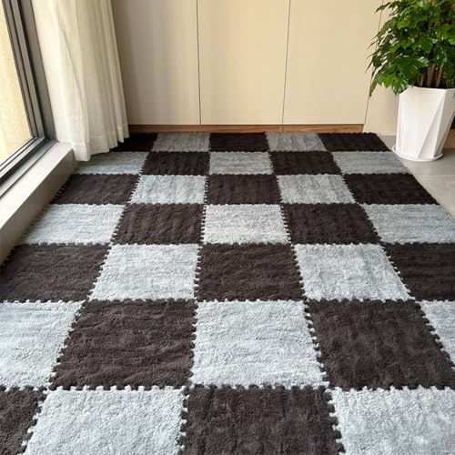 Verdickte ineinandergreifende Plüsch-Teppichfliesen, Milchsamt-Patchwork-Teppiche, 2 Stück, Puzzle-Bodenmatte, weicher Plüsch-Teppich, waschbar, 30,5 x 30,5 x 1 cm, Grau + Schwarz