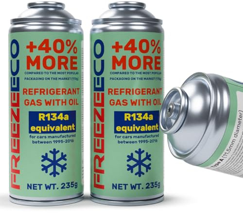 FreezeECO Set de 2 unidades: 2 x 2 en 1 gas con aceite refrigerante 235 g tipo A [R134a/R12 equivalente – coches 1995 – 2016] Tipo A (11,5 mm) 470 g