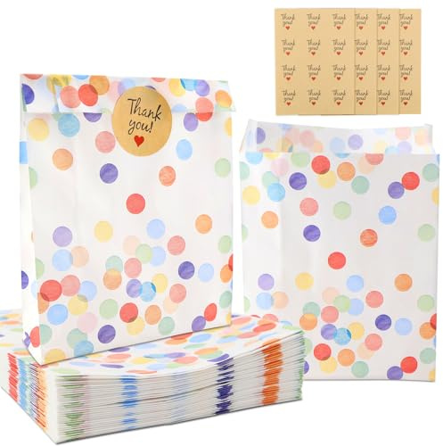 WJMY 40 Stück Geschenktüten Kindergeburtstag (19 * 13 * 3.5cm), Ölbeständiges Papiertüten mit 48 Aufkleber, Tüten Kindergeburtstag Mitgebsel, Gift Bags für Hochzeit, Party, Weihnachten
