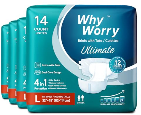 WhyWorry Ultimate blöjor för vuxna, inkontinenstrosor för kvinnor och män, vuxenblöja med ultimat absorptionsförmåga, läckageskydd över natten, storlek L, 56 stycken (4 förpackningar med 14)