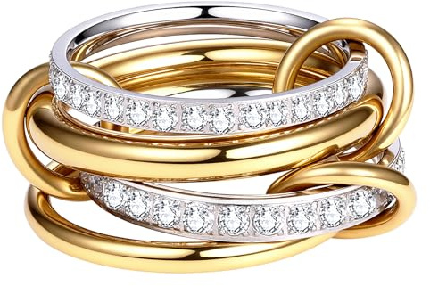 JewelryWe Bague Femme Empilables en Acier Inoxydable Plaqué Or 14K: Bague Fantaisie Zircon Cubique Scintillant et Design Superposé Élégant, Cadeau pour Anniversaire, Saint-Valentin ou Fiançailles