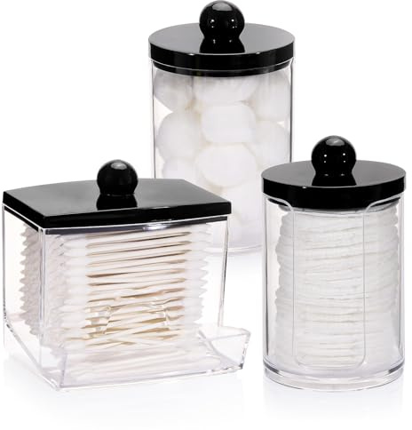 Tbestmax 3 Pack Qtips Holder Dispenser - Bathroom Organizers and Storage Containers, Plastic Apothecary Jars with Black Lids for Cotton Swab, Cotton Round Pads, Floss