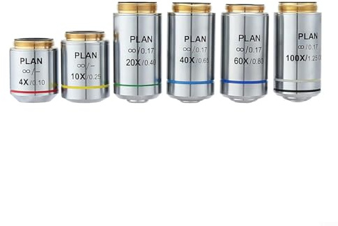 Juego de lentes de objetivo de microscopio 4X 20X 40X 60X 100X Acromático 195mm Plan Infinity RMS Thread 20 2mm Compatible con múltiples marcas (4X.)