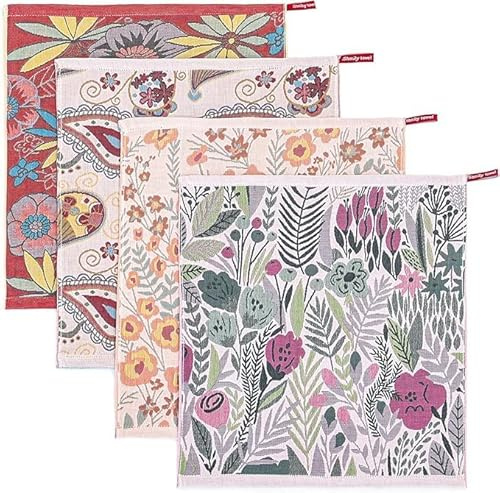 HOORDRY Geschirrtücher 100% Baumwolle 4er Set 41x39CM | Dekoratives Frühling Küchentuch mit Blumenmuster,Boho Doppelseitig Küchenhandtuch mit Aufhängeschlaufen, Hoher Saugfähigkeit