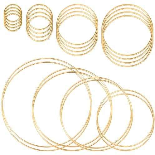 Swpeet 24 piezas 8 tamaños 1.4 / 2 / 3 / 4 / 5 / 6 / 7 / 8 pulgadas Oro redondo Macrame anillos Kit de sorteo, anillos del atrapador de sueños, anillo floral de metal, corona Macrame anillo