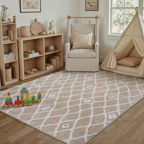 PureCozy Alfombra lavable para salón, 120 x 170 cm, color beis, pelo corto, antideslizante, mullida, suave, moderna, efecto 3D, para cocinas, dormitorios, comedores, habitaciones, salas de estar