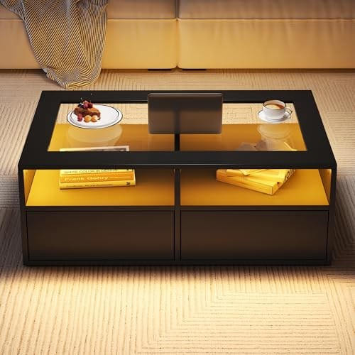 HaoChrymec Mesa de Centro de Vidrio y Tablero de Partículas con LED Integrado, 2 Cajones y Diseño de Dos Niveles, Estantería Abierta, para Salón y Oficina, Negro, 100x50x35cm